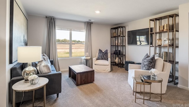 carpeted living area with baseboards