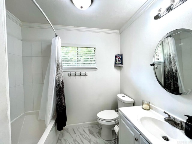 6312 Sandy Ln, Little Rock, AR 72204 - bathroom featuring ornamental molding, vanity, marble look tiles, and shower / bath combination with curtain