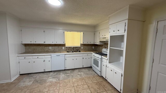 3003 Vancouver Dr, Little Rock, AR 72204 - kitchen featuring white appliances, under cabinet range hood, white cabinets, backsplash, and a textured ceiling