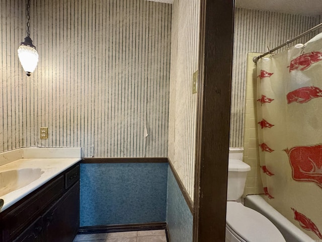 701 Emerald Gardens Dr, North Little Rock, AR 72118 - bathroom featuring wallpapered walls, vanity, shower / bath combination with curtain, and tile patterned flooring