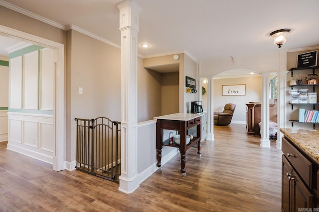 15 Rocky Crest Ct, Little Rock, AR 72211 - corridor with ornate columns, wood finished floors, arched walkways, and crown molding