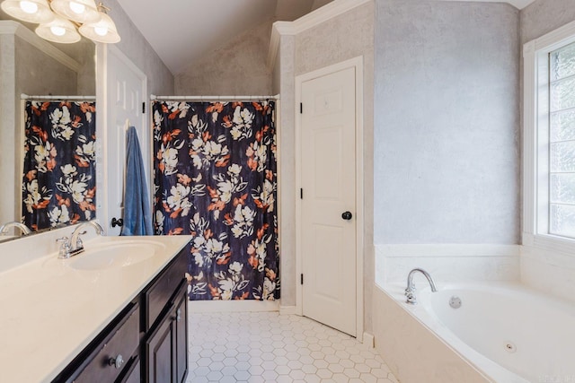 15 Rocky Crest Ct, Little Rock, AR 72211 - full bath featuring vanity, a whirlpool tub, vaulted ceiling, and tile patterned floors