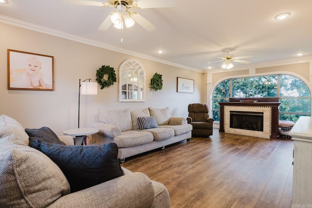 15 Rocky Crest Ct, Little Rock, AR 72211 - living room with a ceiling fan, plenty of natural light, a fireplace, wood finished floors, and ornamental molding