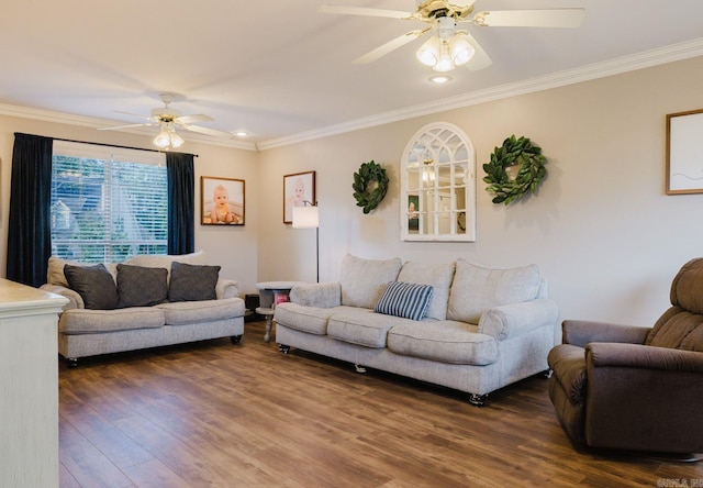 15 Rocky Crest Ct, Little Rock, AR 72211 - living room with a ceiling fan, crown molding, and dark wood finished floors
