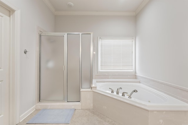 48 Ranch Ridge Rd, Little Rock, AR 72223 - bathroom with a shower stall, a bath, tile patterned floors, and ornamental molding