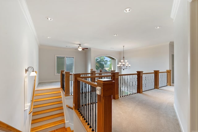 48 Ranch Ridge Rd, Little Rock, AR 72223 - hallway with carpet flooring, a chandelier, ornamental molding, an upstairs landing, and recessed lighting