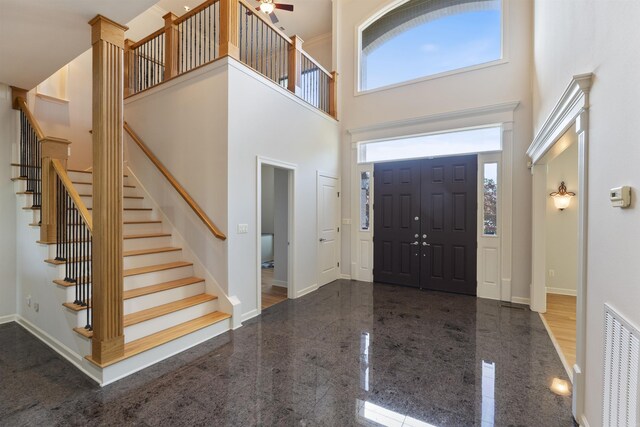 48 Ranch Ridge Rd, Little Rock, AR 72223 - entryway with granite floors, a high ceiling, stairway, and ceiling fan