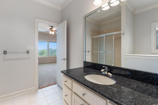 48 Ranch Ridge Rd, Little Rock, AR 72223 - bathroom featuring vanity, a stall shower, crown molding, tile patterned flooring, and a ceiling fan