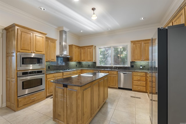 48 Ranch Ridge Rd, Little Rock, AR 72223 - kitchen with appliances with stainless steel finishes, wall chimney range hood, light tile patterned flooring, tasteful backsplash, and crown molding