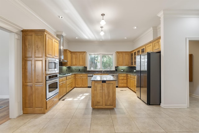48 Ranch Ridge Rd, Little Rock, AR 72223 - kitchen with stainless steel appliances, decorative backsplash, a kitchen island, light tile patterned flooring, and ornamental molding