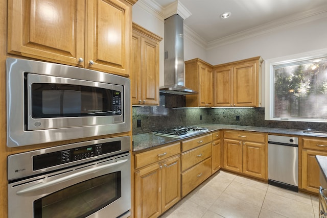 48 Ranch Ridge Rd, Little Rock, AR 72223 - kitchen featuring appliances with stainless steel finishes, wall chimney range hood, ornamental molding, light tile patterned floors, and decorative backsplash