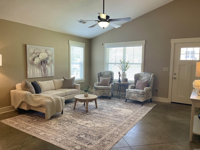 101 Cottage Loop, Heber Springs, AR 72543 - living area featuring ceiling fan, lofted ceiling, and dark tile patterned floors