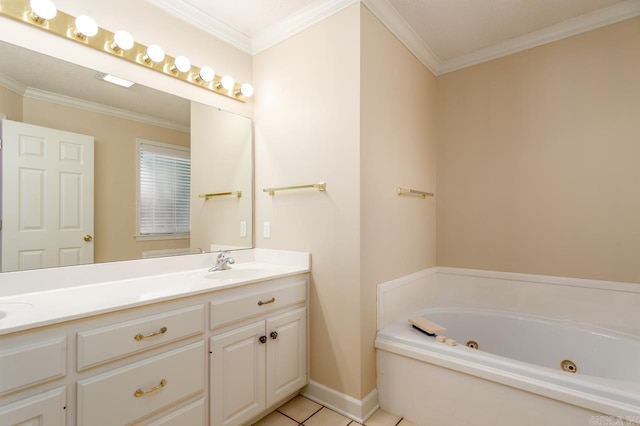 1940 Payne Ln, Conway, AR 72034 - bathroom featuring double vanity, a tub with jets, tile patterned floors, and crown molding