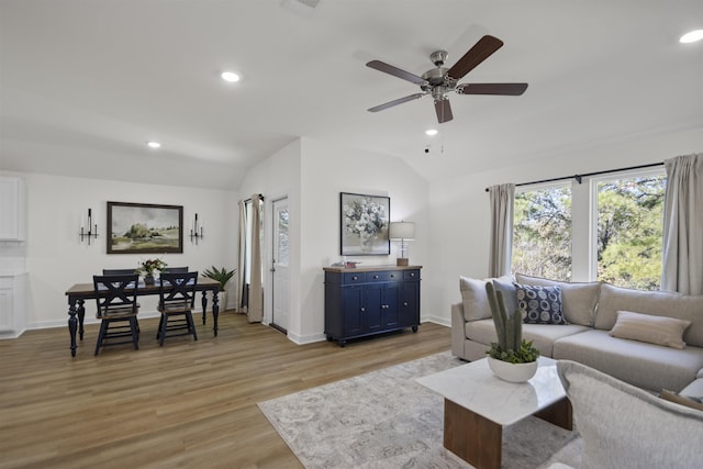 6804 Cypress Trl, North Little Rock, AR 72113 - living room featuring lofted ceiling, plenty of natural light, recessed lighting, light wood-style floors, and ceiling fan