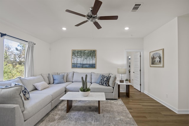 6804 Cypress Trl, North Little Rock, AR 72113 - living area with wood finished floors, ceiling fan, recessed lighting, and lofted ceiling