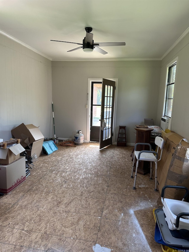 14400 Pikewood Dr, Alexander, AR 72002 - living room featuring crown molding, ceiling fan, and french doors