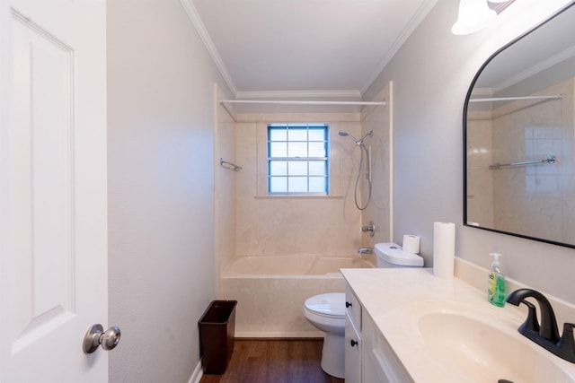 3109 Donaghey Dr, North Little Rock, AR 72116 - bathroom featuring bathing tub / shower combination, ornamental molding, vanity, and wood finished floors