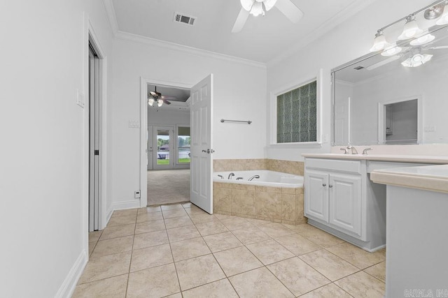 6733 Austin Bay Ct, Sherwood, AR 72120 - full bathroom with ceiling fan, a bath, vanity, crown molding, and tile patterned flooring