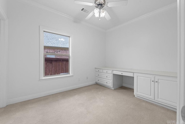 6733 Austin Bay Ct, Sherwood, AR 72120 - unfurnished office featuring crown molding, light carpet, built in desk, and a ceiling fan
