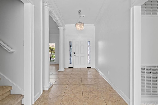 6733 Austin Bay Ct, Sherwood, AR 72120 - foyer entrance with a heating unit, crown molding, decorative columns, stairs, and a chandelier