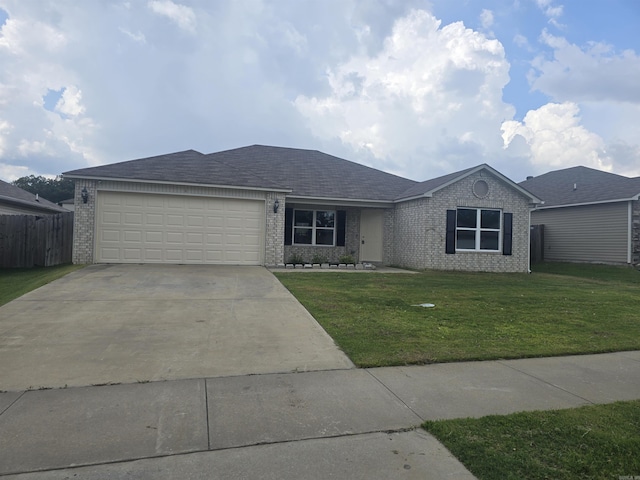 ranch-style home with an attached garage, concrete driveway, and brick siding
