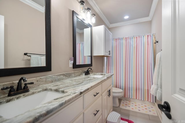 274 Reuben Dr, Alexander, AR 72202 - bathroom with crown molding, double vanity, tile patterned flooring, and curtained shower