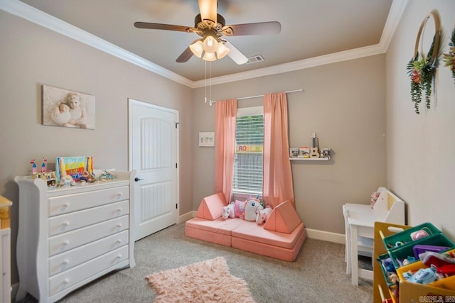 274 Reuben Dr, Alexander, AR 72202 - bedroom featuring carpet flooring, crown molding, and a ceiling fan