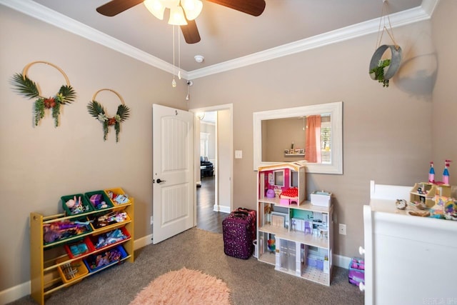 274 Reuben Dr, Alexander, AR 72202 - playroom with ornamental molding, ceiling fan, and carpet floors
