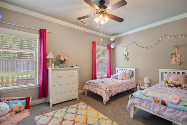 274 Reuben Dr, Alexander, AR 72202 - carpeted bedroom featuring multiple windows, ornamental molding, and ceiling fan