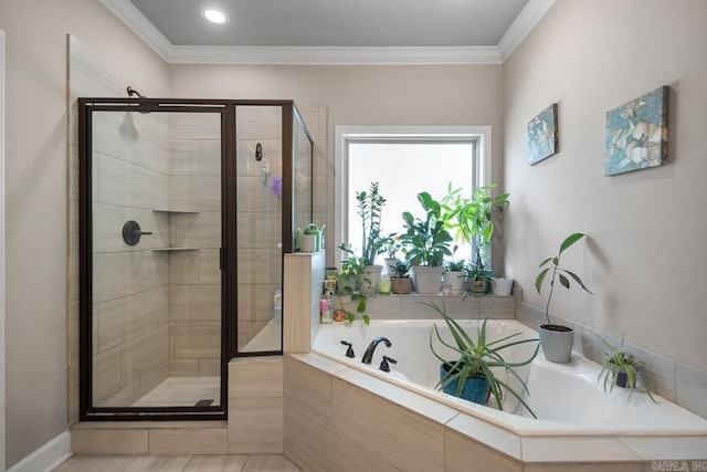 274 Reuben Dr, Alexander, AR 72202 - full bathroom with a stall shower, a garden tub, and crown molding