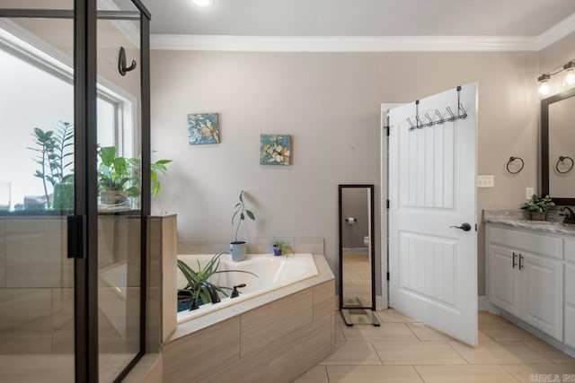 274 Reuben Dr, Alexander, AR 72202 - full bath featuring vanity, crown molding, a bath, tile patterned flooring, and an enclosed shower