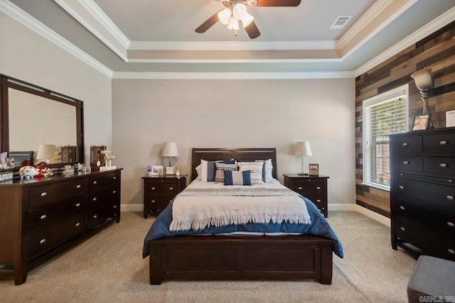 274 Reuben Dr, Alexander, AR 72202 - bedroom featuring a raised ceiling, light carpet, ornamental molding, and ceiling fan