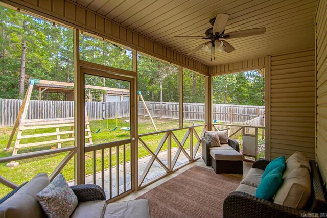 274 Reuben Dr, Alexander, AR 72202 - sunroom featuring a ceiling fan and an outdoor hangout area