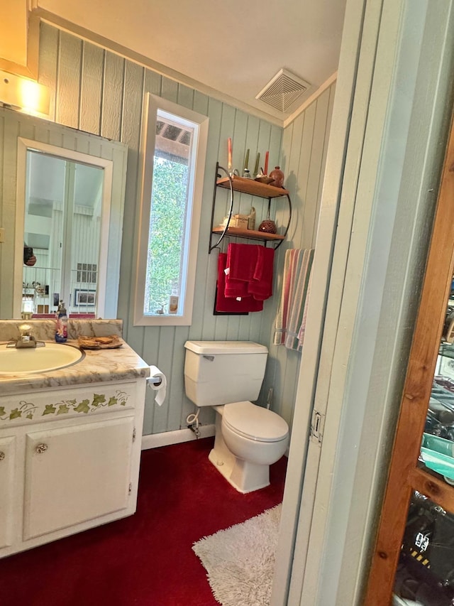 bathroom featuring vanity and wooden walls