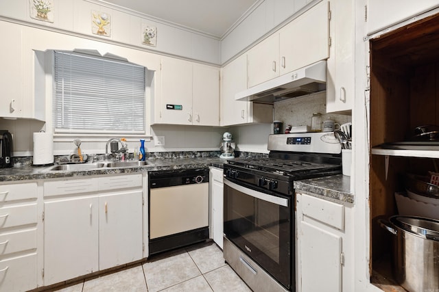 100 E Scenic Dr, North Little Rock, AR 72118 - kitchen featuring dishwasher, gas stove, under cabinet range hood, ornamental molding, and dark countertops
