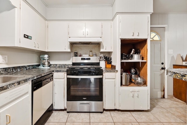 100 E Scenic Dr, North Little Rock, AR 72118 - kitchen featuring stainless steel range with gas cooktop, dishwasher, under cabinet range hood, white cabinets, and light tile patterned flooring