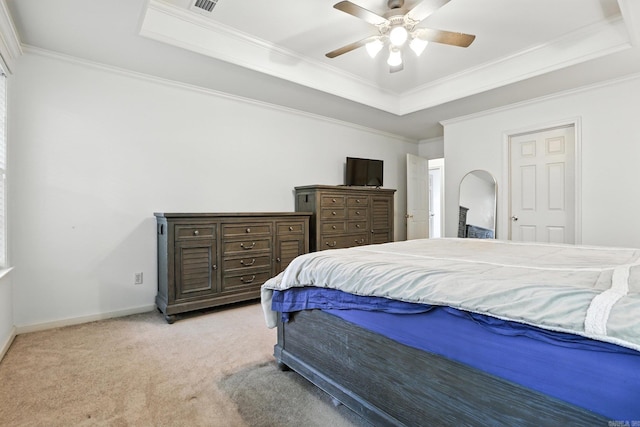 7328 W Ridge Cir, Sherwood, AR 72120 - bedroom with a tray ceiling, light colored carpet, ornamental molding, and a ceiling fan