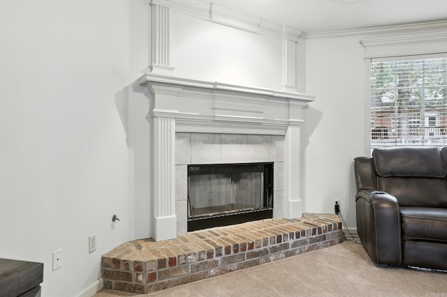 7328 W Ridge Cir, Sherwood, AR 72120 - detailed view of carpet floors, a glass covered fireplace, and ornamental molding