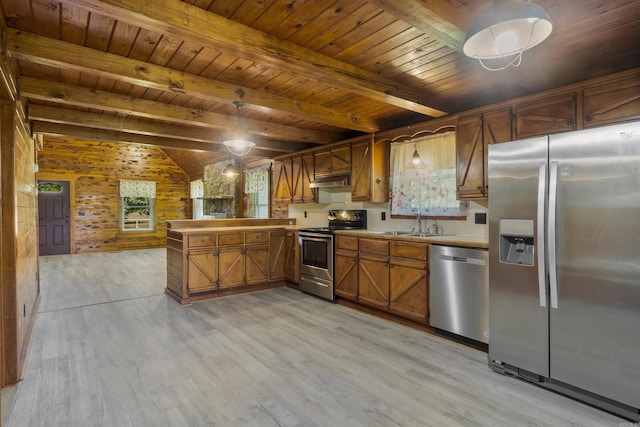 1105 Long Branch Rd, Heber Springs, AR 72543 - kitchen with appliances with stainless steel finishes, light wood-style flooring, wood ceiling, brown cabinets, and a peninsula