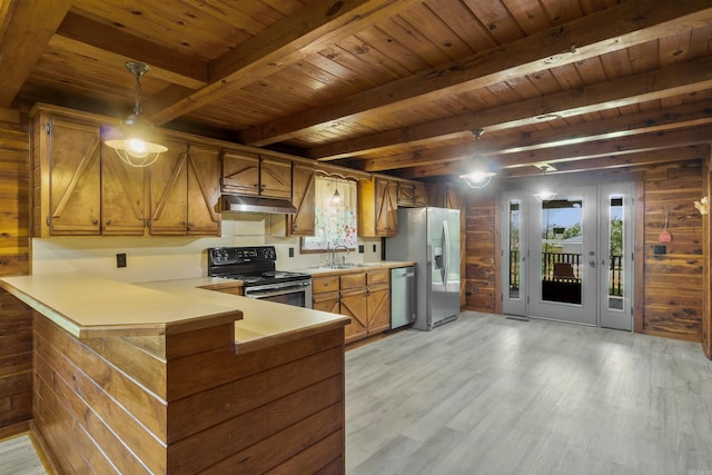 1105 Long Branch Rd, Heber Springs, AR 72543 - kitchen featuring appliances with stainless steel finishes, under cabinet range hood, a wooden ceiling with exposed beams, wooden walls, and light wood-type flooring