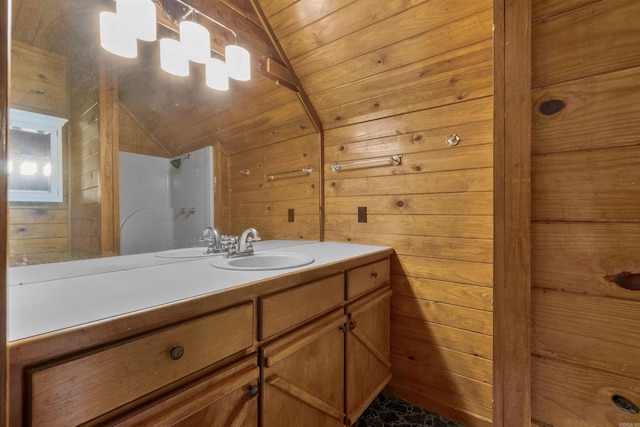 1105 Long Branch Rd, Heber Springs, AR 72543 - bathroom with vaulted ceiling, vanity, and wooden walls