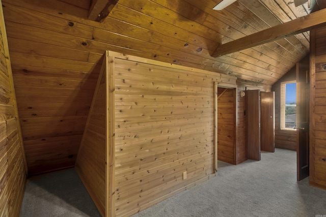 1105 Long Branch Rd, Heber Springs, AR 72543 - hall featuring wooden walls, carpet, wooden ceiling, and lofted ceiling