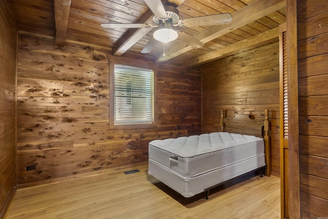 1105 Long Branch Rd, Heber Springs, AR 72543 - bedroom with a wood ceiling with exposed beams, wooden walls, light wood-type flooring, and a ceiling fan