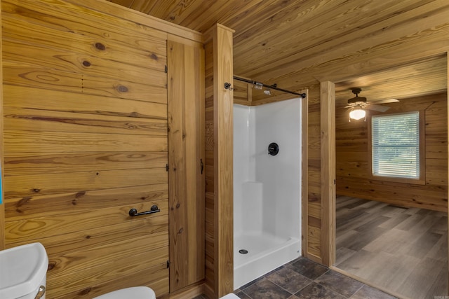 1105 Long Branch Rd, Heber Springs, AR 72543 - full bathroom featuring a stall shower, wooden walls, wooden ceiling, and ceiling fan