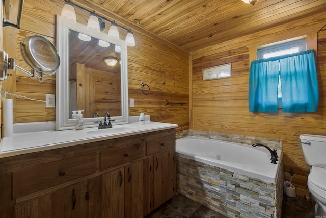 1105 Long Branch Rd, Heber Springs, AR 72543 - bathroom with a garden tub, vanity, wood walls, and wooden ceiling