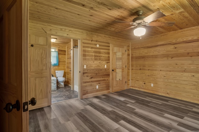 1105 Long Branch Rd, Heber Springs, AR 72543 - unfurnished bedroom featuring wood ceiling, wood walls, dark wood-style floors, ensuite bath, and a ceiling fan
