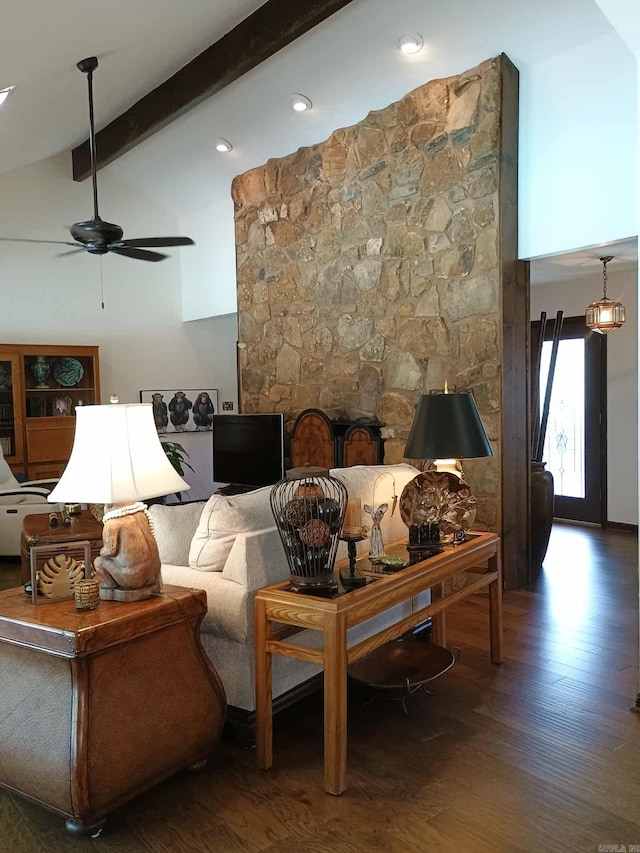 4 Jullian Cir, Dumas, AR 71639 - living area featuring ceiling fan, wood finished floors, beamed ceiling, and high vaulted ceiling