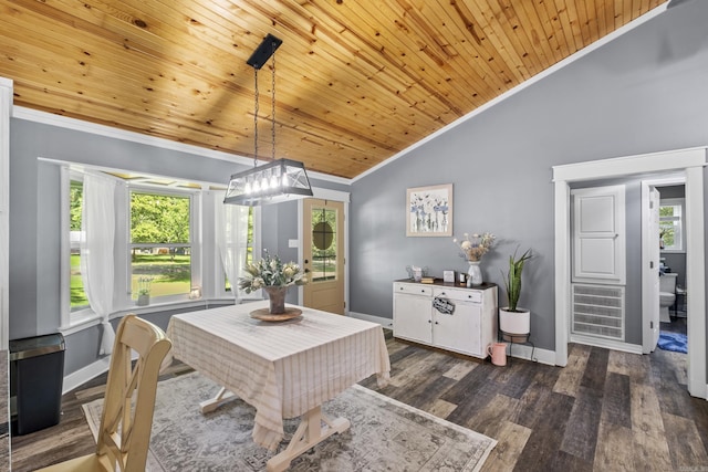 60 Pin Oak Dr, Lonoke, AR 72086 - dining room featuring crown molding, lofted ceiling, wood ceiling, plenty of natural light, and dark wood-style floors