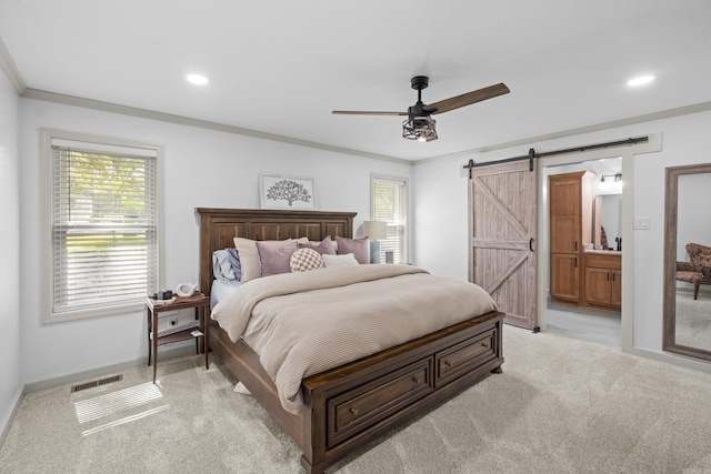 60 Pin Oak Dr, Lonoke, AR 72086 - bedroom featuring a barn door, light carpet, multiple windows, recessed lighting, and crown molding