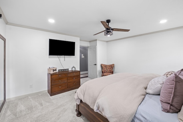 60 Pin Oak Dr, Lonoke, AR 72086 - bedroom featuring crown molding, light colored carpet, recessed lighting, and ceiling fan